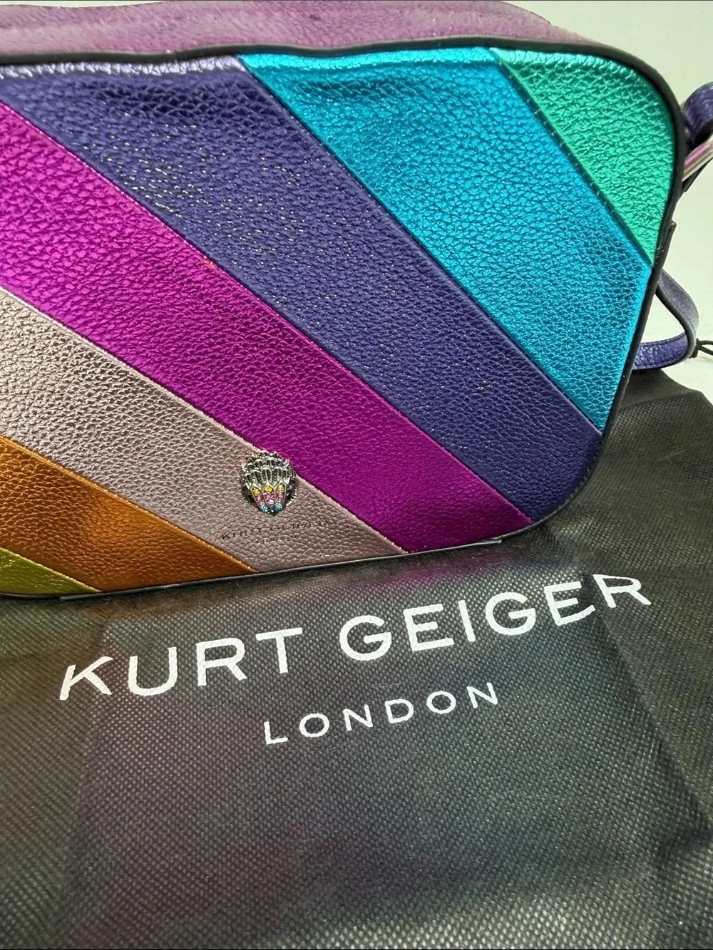 Kurt Geiger Rainbow Diagonal Stripe Leather Crossbody with Purple Strap